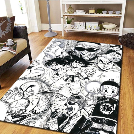 Tapis Dragon Ball - Goku Enfant, Krillin et Tortue Géniale en Noir et Blanc